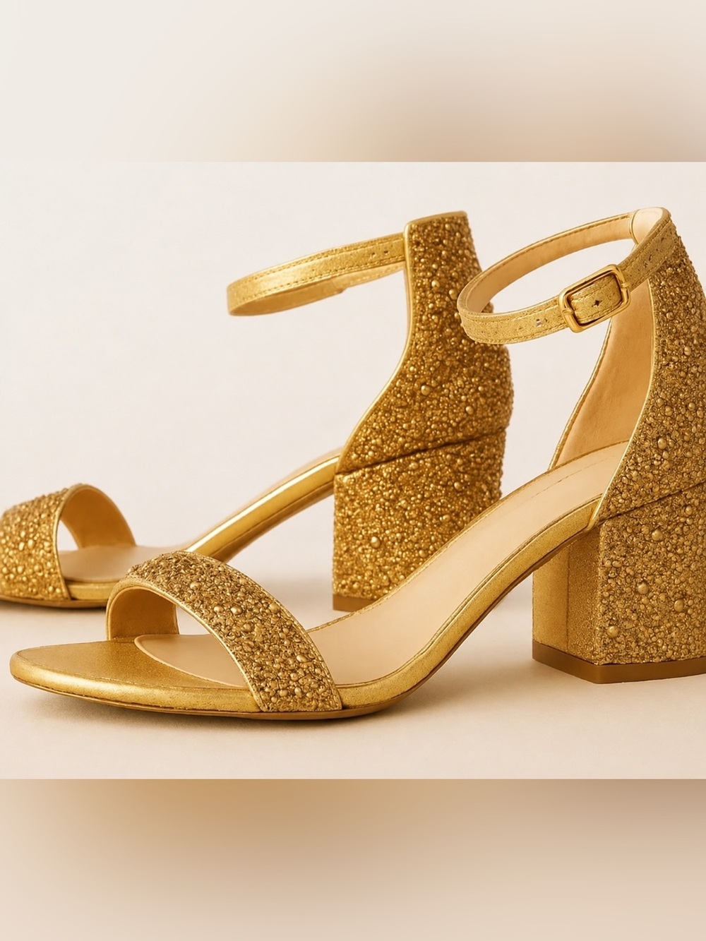 Gold Beaded Block Heel Sandals with Ankle Strap - Women